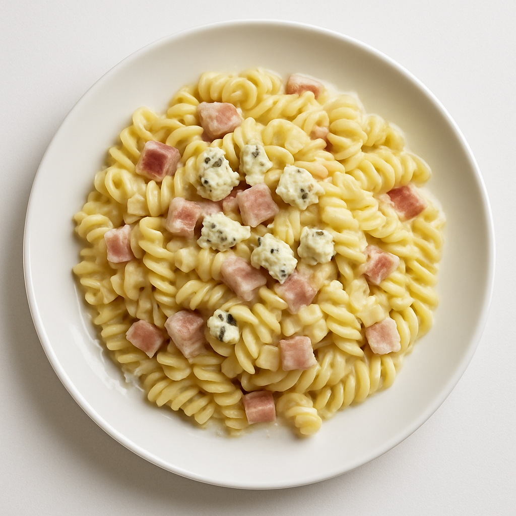 Foto de Fideos tirabuzón con salsa cremosa de roquefort y jamón