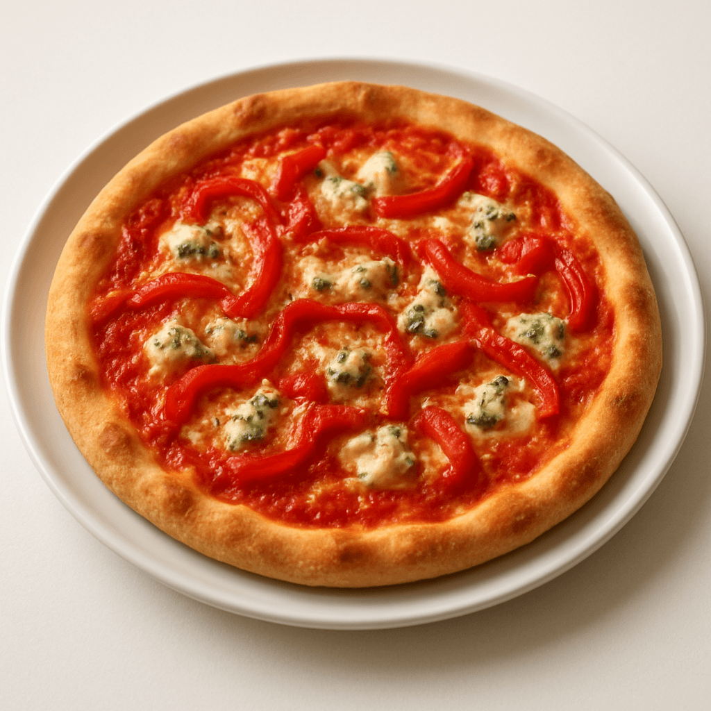 Foto de Pizza casera con salsa de tomate, morrón y queso roquefort